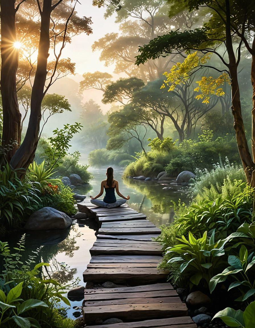 An ethereal landscape featuring a serene path surrounded by lush greenery, symbolizing balance and harmony. Include silhouettes of people practicing yoga and meditation along the path, with elements like crystals, herbs, and water flowing nearby to represent holistic treatments. The sky transitions from dawn to dusk, illustrating the journey of wellness. super-realistic. vibrant colors. peaceful ambiance.