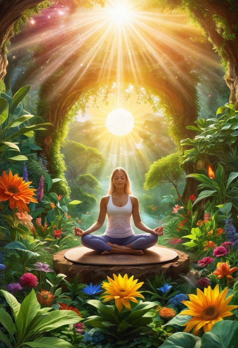 A harmonious circle of diverse individuals engaged in various holistic health activities such as yoga, meditation, and healthy cooking. Surrounding them are symbolic elements like plants, chakras, and sun rays representing balanced energy and wellness. The overall atmosphere is serene and uplifting, conveying a sense of community and personal growth. bright colors. super-realistic. peaceful background.