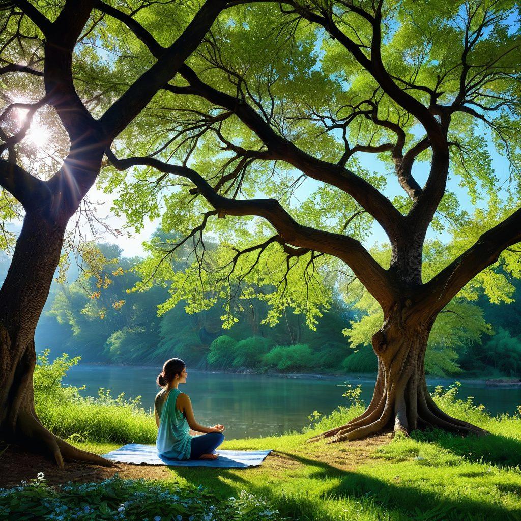 A serene landscape featuring a person meditating under a sprawling tree, surrounded by lush greenery and a clear blue sky, symbolizing balance and tranquility. Incorporate elements of nature like flowing water, vibrant flowers, and gentle sunlight filtering through leaves, representing holistic living. Include soft, flowing lines to evoke a sense of peace and wholeness. super-realistic. vibrant colors. peaceful atmosphere.